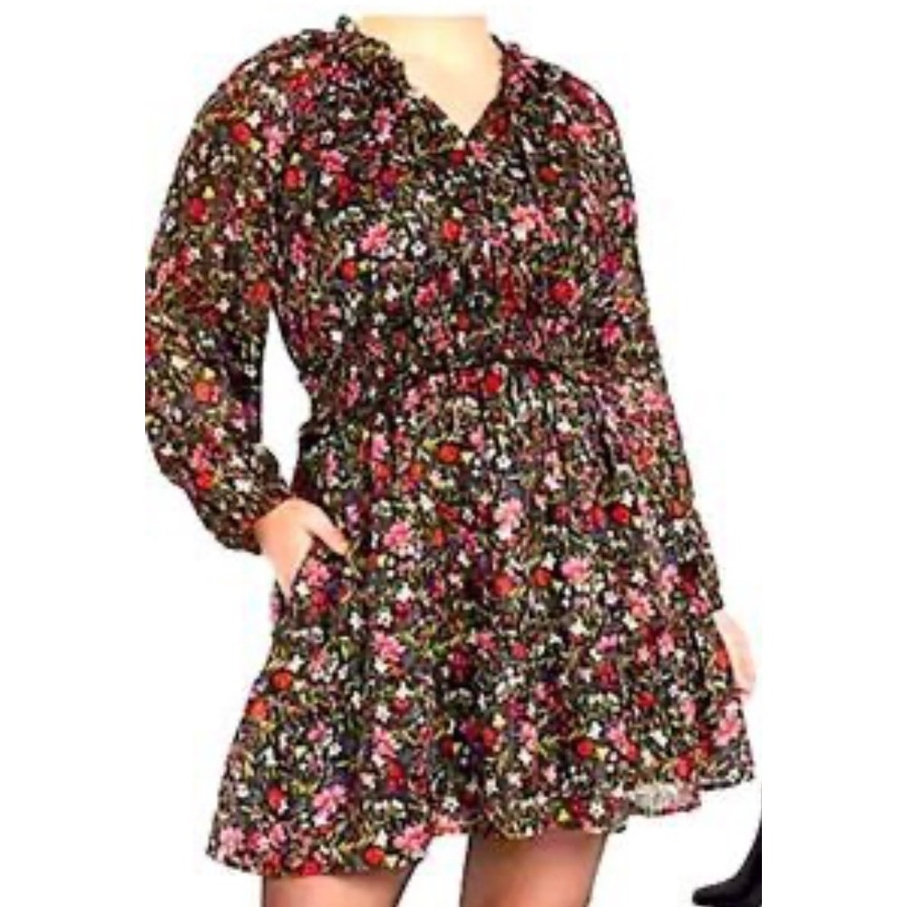 Old Navy Floral Metallic Lurex Smocked Mini Dress Black Red Pink Gold Long Sleev
